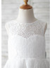 Ivory Lace Navy Blue Trim V Back Big Bow Knee Length Flower Girl Dress  